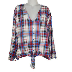 Lane Bryant Womens Top Size 14 Classic Button Down Tie Hem Plaid Long Sleeve Red